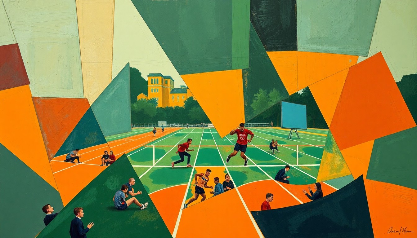 A fragmented, geometric painting depicting the overlapping planes and perspectives of a track and field competition, using bold colors to capture the raw athleticism and energy of the event.