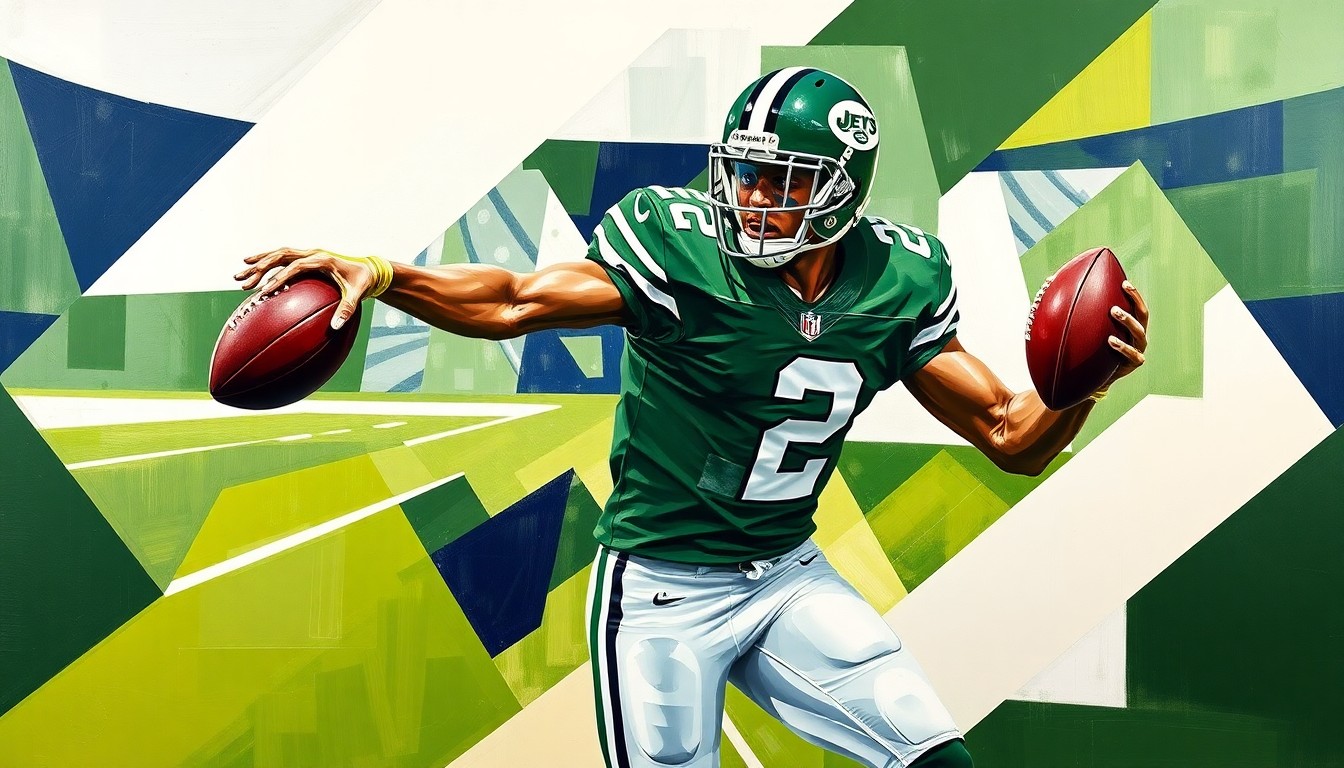 A fragmented, geometric painting depicting a defensive back in mid-air, the player's form broken down into sharp, overlapping planes of green, white, and navy blue, capturing the dynamic action of an interception.