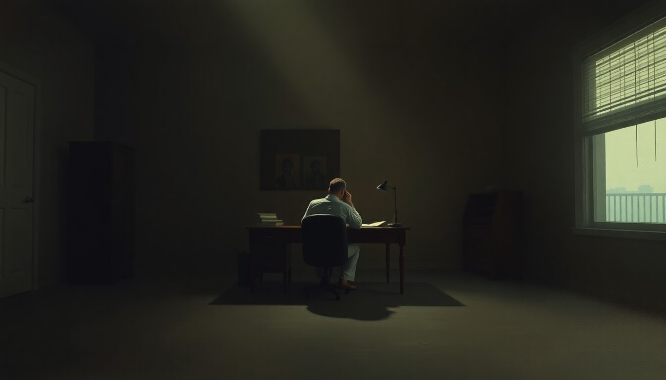 A dimly lit, cinematic painting of a lone figure sitting at a desk in a sparse, shadowy office, symbolizing the isolation and disillusionment of those who challenge the 'Empire of Lies'. The muted earth tones and deep shadows create a sense of melancholy and introspection.