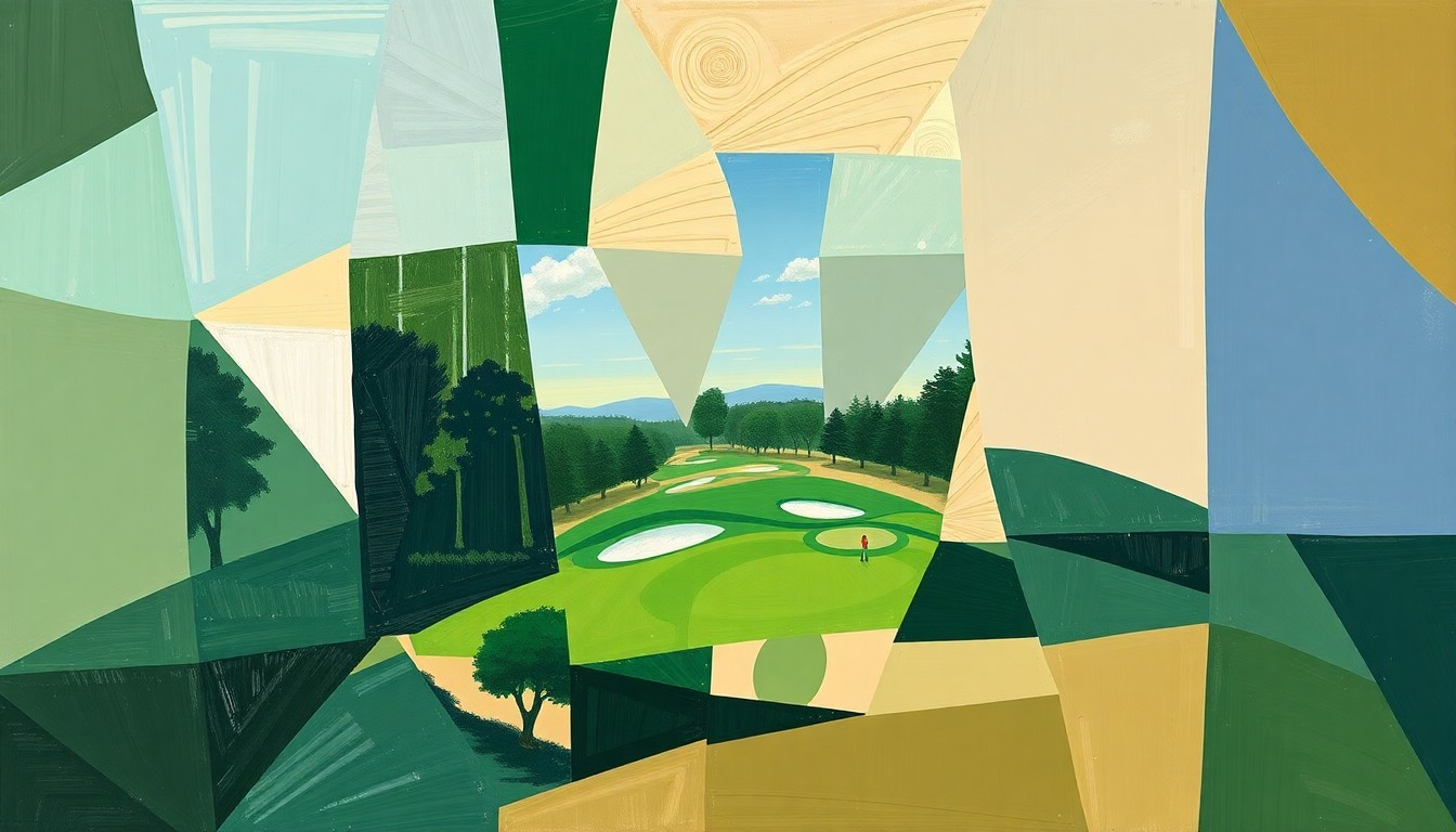 A cubist, geometric painting depicting fragmented and overlapping images of a golf tournament, with sharp planes of green, blue, and tan representing the course, players, and spectators.
