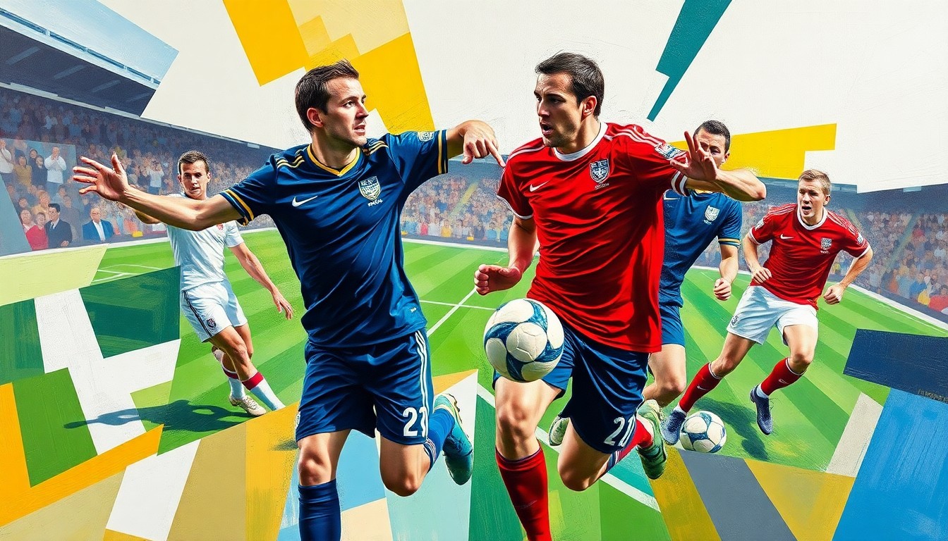 A fragmented, cubist-style painting depicting a football match between England and New Zealand, with the players and field broken down into overlapping geometric shapes and planes in the national team colors.