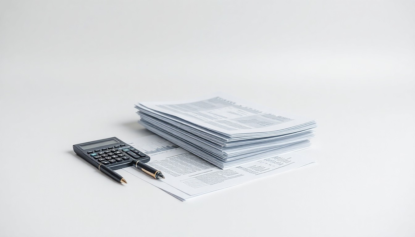 A photorealistic studio still-life featuring a stack of financial documents, a pen, and a calculator on a clean, monochromatic background, conceptually representing the abstract concepts of corporate strategy, finance, and shareholder oversight.