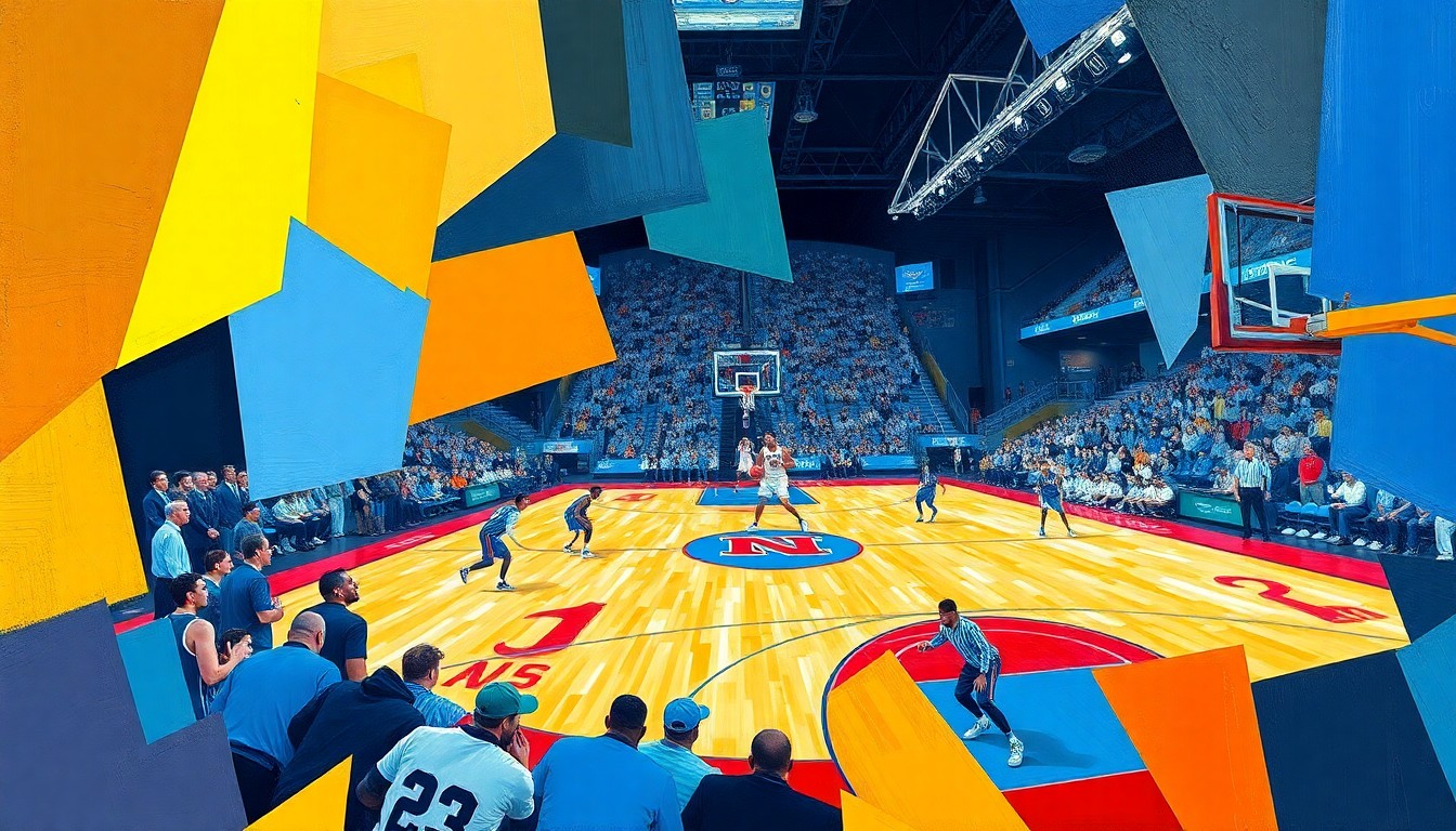 A cubist, geometric painting depicting a fragmented basketball game, with the vibrant colors of the North Carolina Tar Heels and Duke Blue Devils uniforms visible through the overlapping planes.