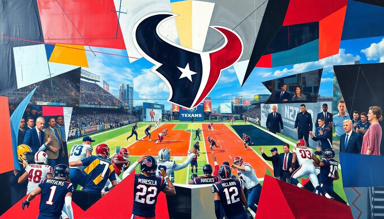 A fragmented, geometric painting depicting a football game or match, with players and the field broken down into sharp, overlapping planes of color and shape, conveying the dynamic energy and strategic complexity of the sport.