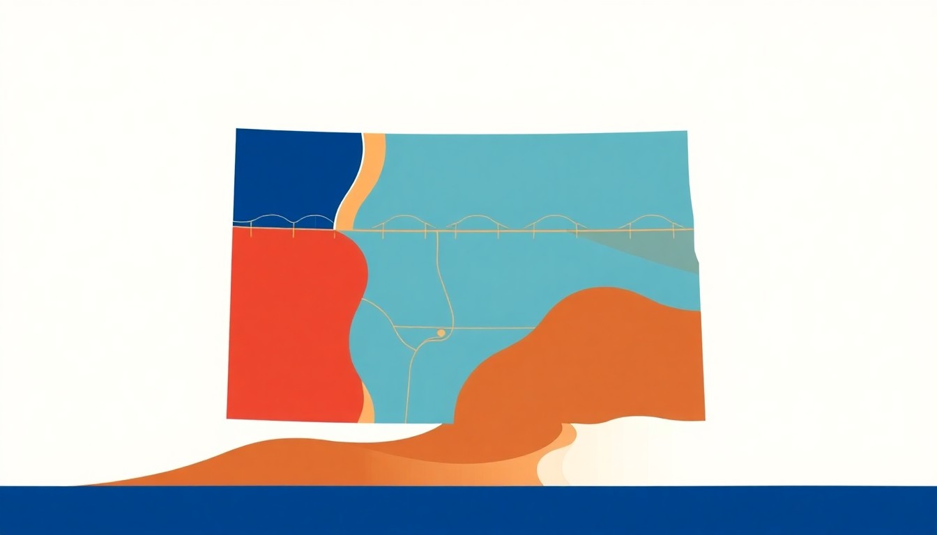 A vibrant abstract illustration using bold geometric shapes in shades of blue, green, and gray to conceptually represent the distribution of water infrastructure funding across the state of North Dakota.