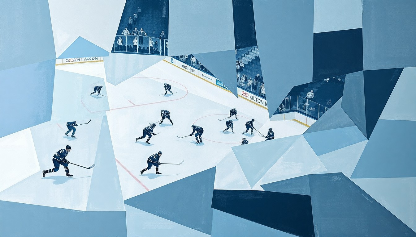 A fragmented, geometric painting depicting a hockey game, with players and the rink broken down into sharp, overlapping planes of color, conceptually representing the complex dynamics between a coach and his team.
