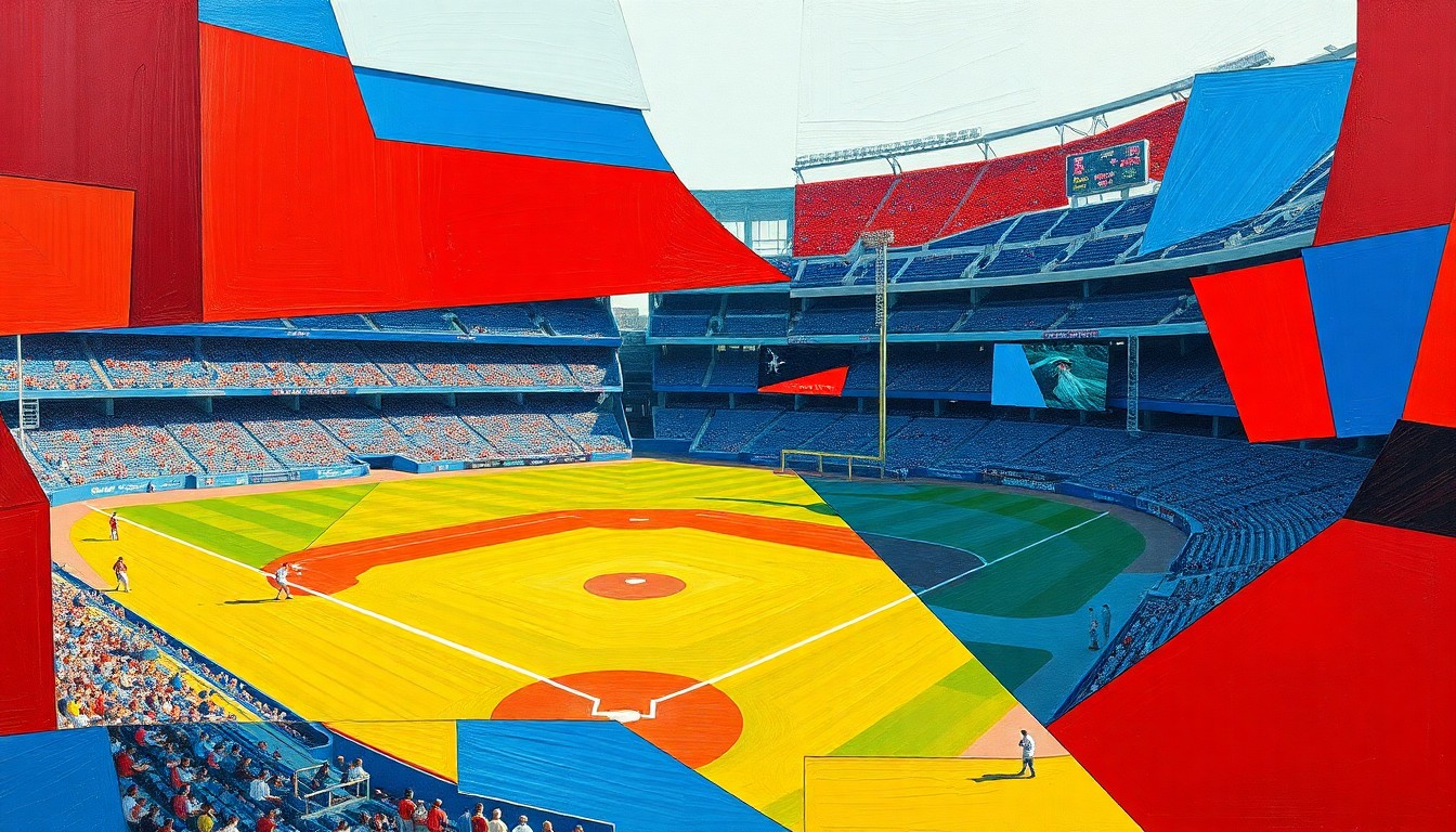 A vibrant, cubist-style painting depicting a high school baseball game broken down into overlapping geometric shapes and planes of color, conveying the dynamic energy and competitive spirit of the matchup.