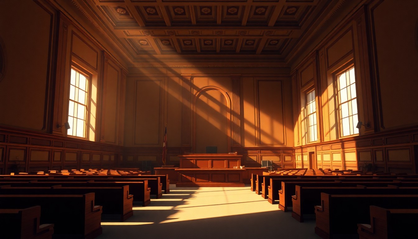A dimly lit, cinematic painting of an empty city council chamber, with warm sunlight streaming through the windows and deep shadows cast across the room, conveying a sense of quiet civic duty and political process.