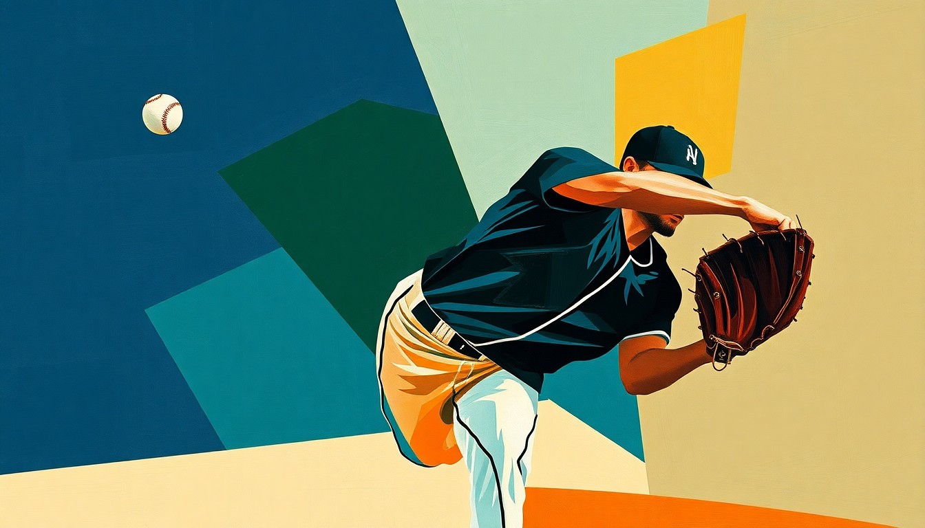 A fragmented, geometric painting depicting a baseball pitcher's throwing motion broken down into overlapping planes of navy, green, and orange, conveying the conceptual idea of a player's return to the game after a personal absence.