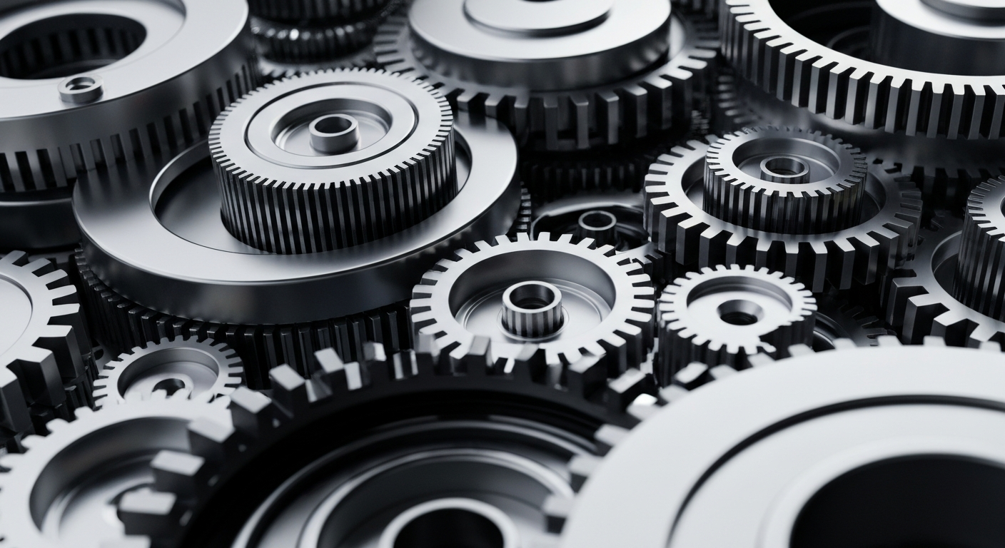 An extreme close-up of highly detailed, gleaming metal gears and machinery, conceptually representing the complex financial and industrial infrastructure of the semiconductor industry.