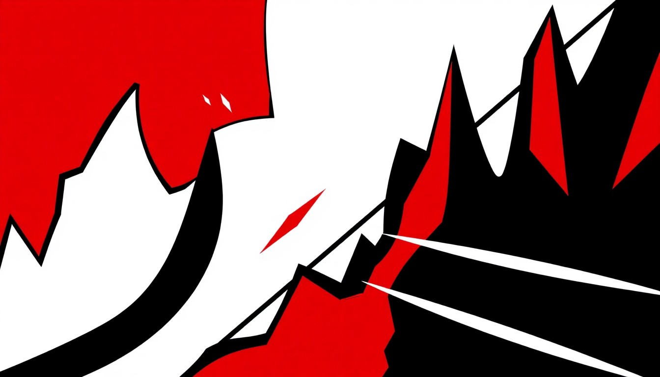 A striking abstract illustration featuring bold, angular shapes in black, white, and red, conceptually representing the energy and activism of a music festival celebrating free speech and civil liberties.