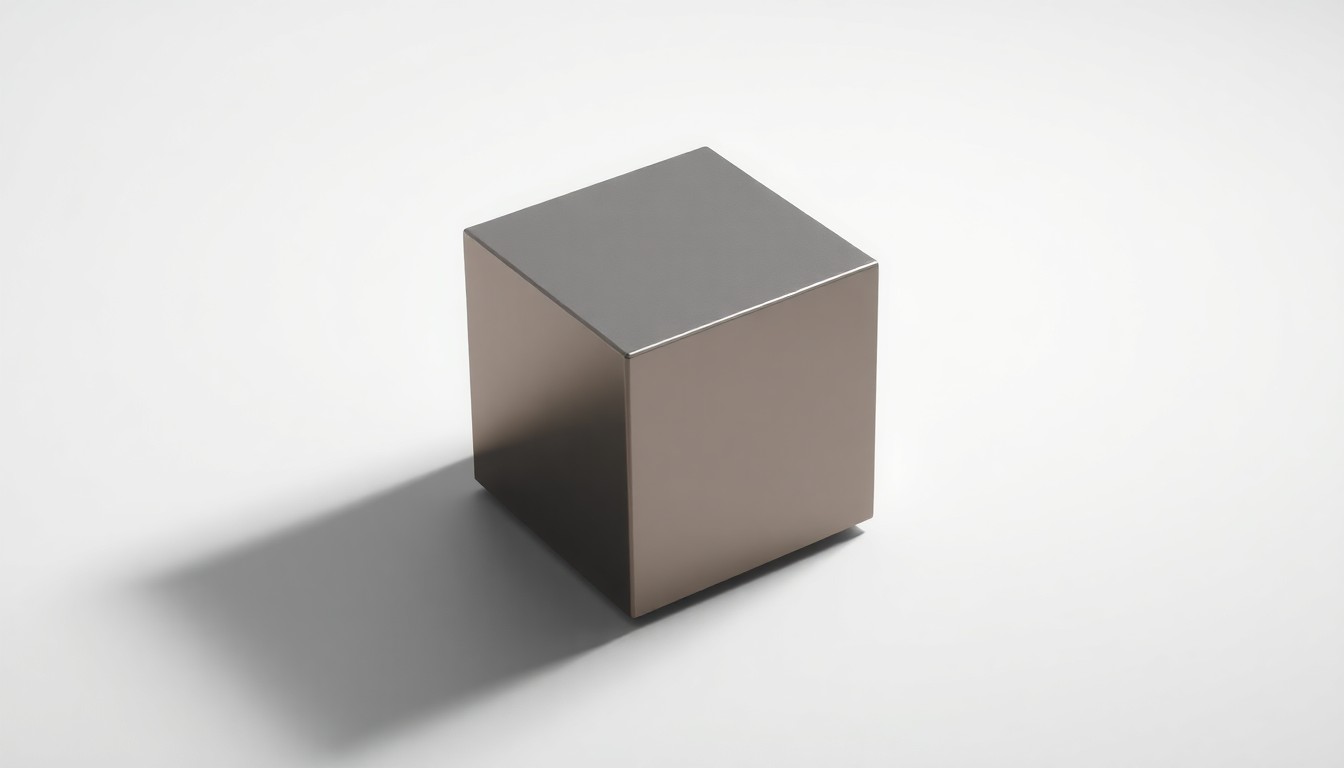 A highly polished, geometric metal cube or prism shape floating on a clean, monochromatic background, dramatically lit to represent the abstract concepts of corporate strategy and market transitions.