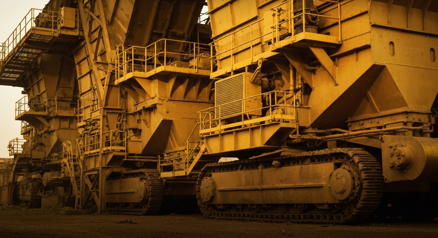 An extreme close-up of heavy, industrial gold mining and processing equipment, conveying the tangible, physical nature of the assets backing a new tokenized commodity platform.