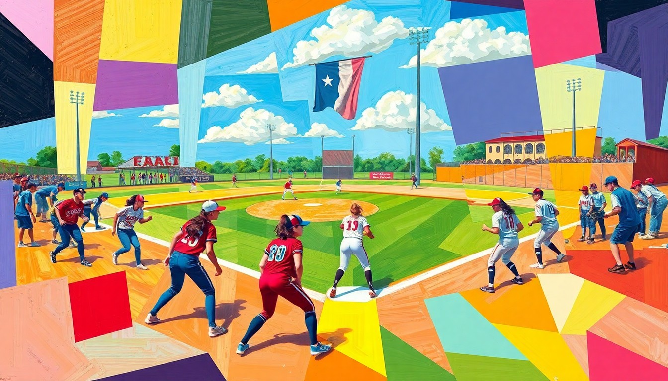 A fractured, geometric painting depicting a high school softball game, with sharp planes of color representing the players, field, and equipment, without any identifiable details or text.