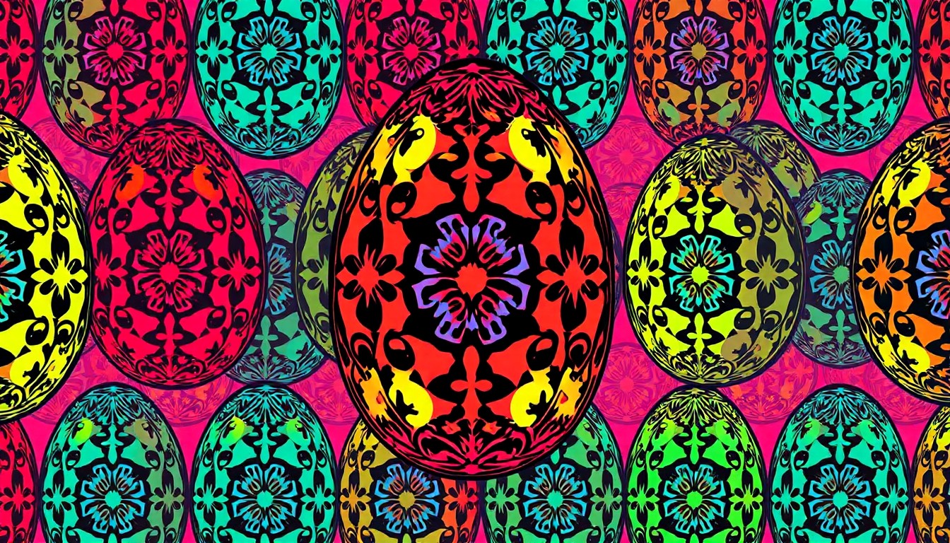 A grid of brightly colored, high-contrast silkscreen prints of a single pysanky egg decorated with intricate wax-resist patterns, conceptually representing the traditional Ukrainian craft in a modern pop art style.
