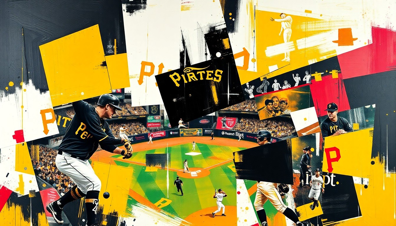 A cubist, geometric painting depicting a baseball player in motion, with sharp, overlapping planes of black, gold, and red representing the Pittsburgh Pirates' team colors.