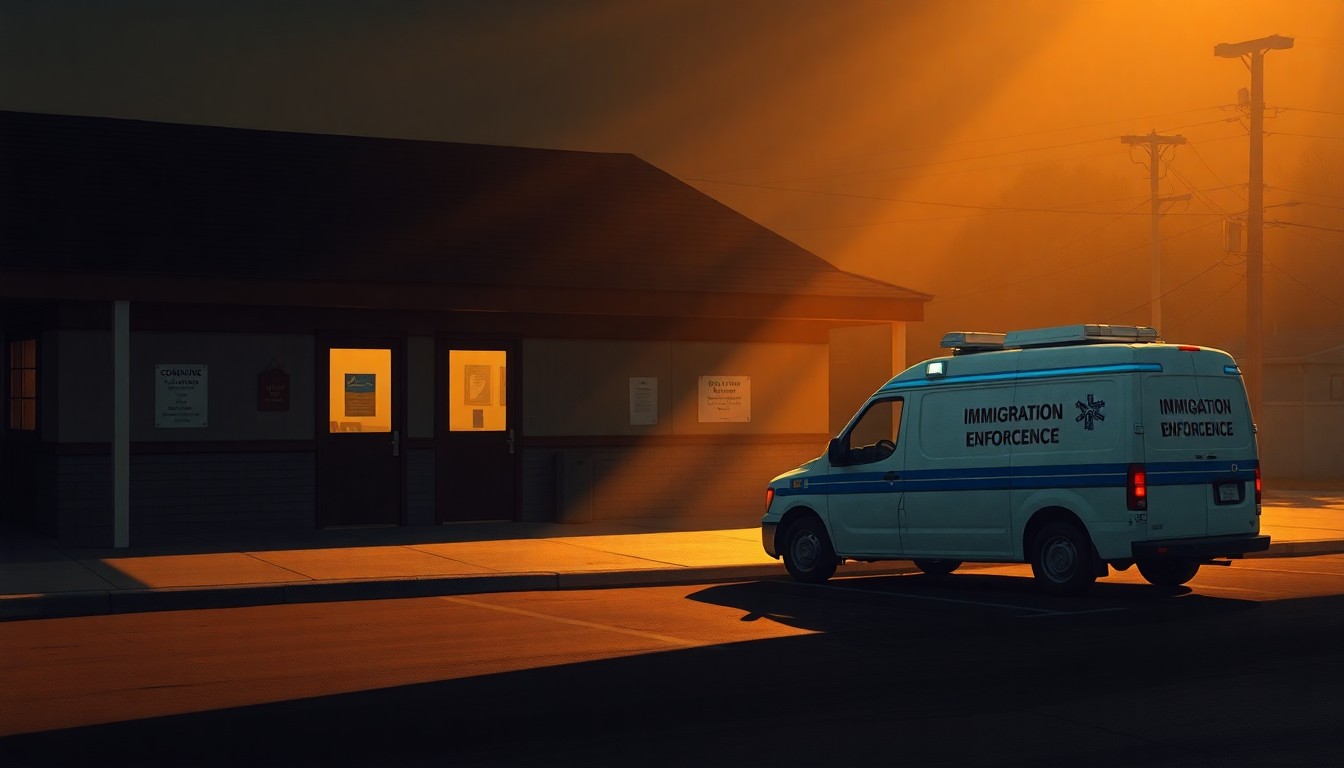 A realistic painting of a parked government vehicle outside a nondescript community center, with the building bathed in warm, golden light and deep shadows, conveying a sense of quiet contemplation around the intersection of immigration policy and community trust.