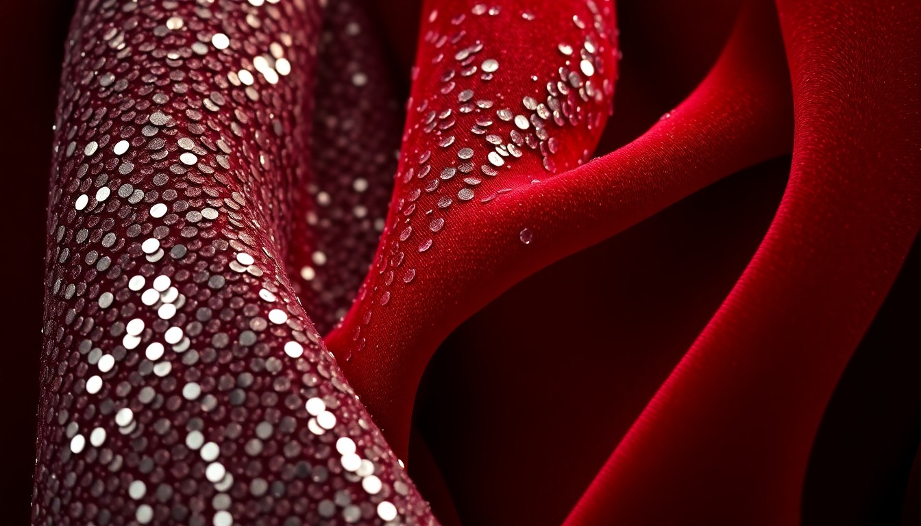 An extreme close-up photograph of luxurious, high-contrast fabric textures in shimmering gold, deep red, and shattered glass, capturing the glamour and drama of red carpet fashion.