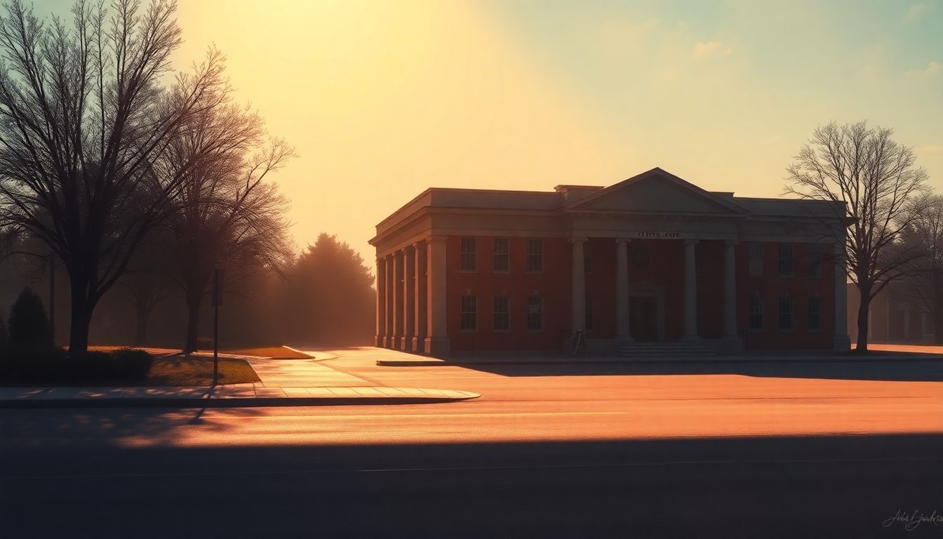 A serene, cinematic painting of a government building or political office, with warm light and deep shadows creating a contemplative, nostalgic mood that reflects the complexities of the governor's position.