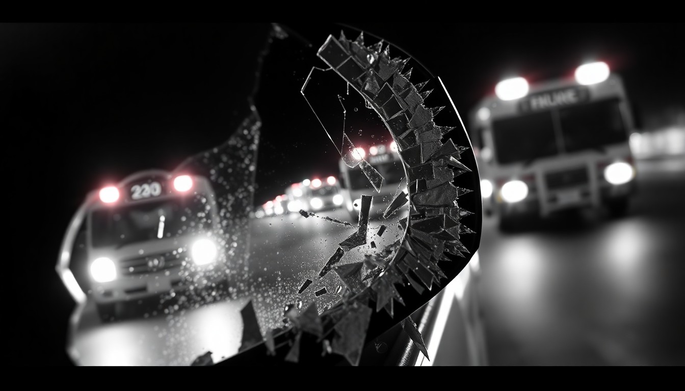 An extreme close-up photograph of a shattered car side mirror reflecting the flashing lights of emergency vehicles, capturing the dramatic and sudden nature of the car crash incident.
