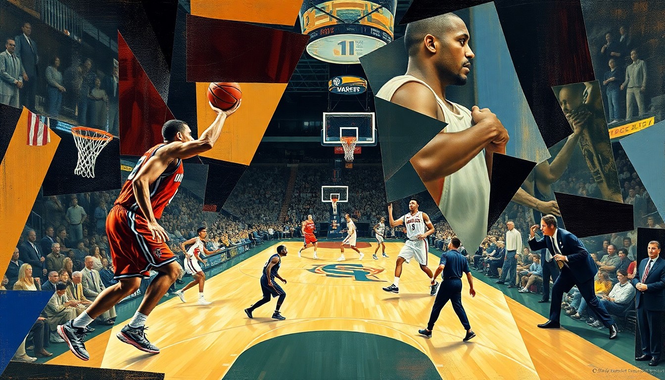 A fractured, geometric painting depicting the abstract shapes and forms of basketball players on a court, with the arena fading into the background, conceptually representing the coaching changes at Syracuse University.
