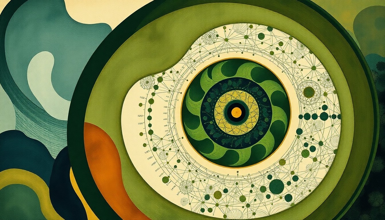 A highly structured abstract painting in earthy tones, featuring sweeping geometric arcs, concentric circles, and precise botanical spirals, conceptually representing the complex interconnected natural systems of the expanding East Otto State Forest.