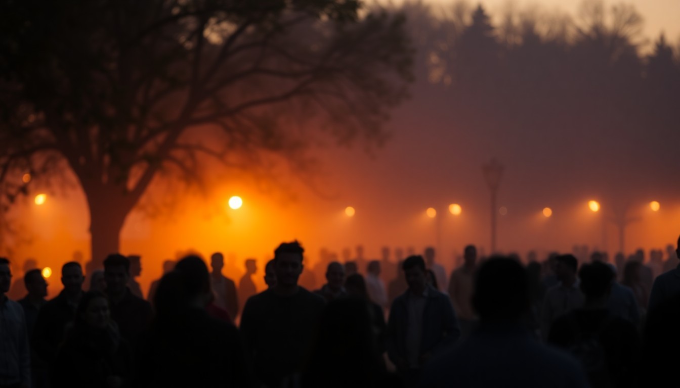 An extremely abstracted, out-of-focus photograph of people gathered in a park at dawn, with warm pools of light and color surrounding the silhouettes of the crowd, conceptually representing the community coming together for a religious celebration.