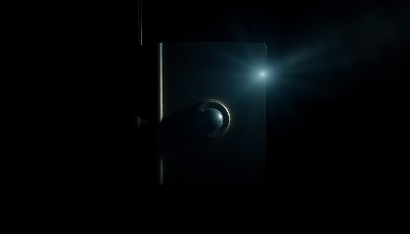 An extreme close-up photograph of a prison cell door lock, capturing the harsh, gritty details of the metal and mechanism under dramatic lighting, conveying a sense of the high-stakes decision facing the parole board.