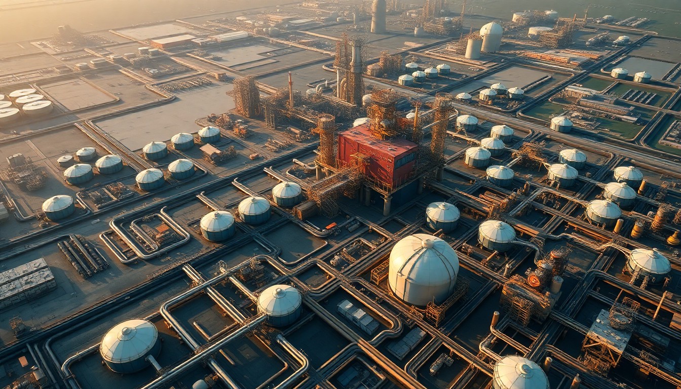 An extreme aerial photograph of a massive oil refinery complex, with rows of towering storage tanks and criss-crossing pipelines, conveying the scale and complexity of the global energy system disrupted by the Mideast conflict.