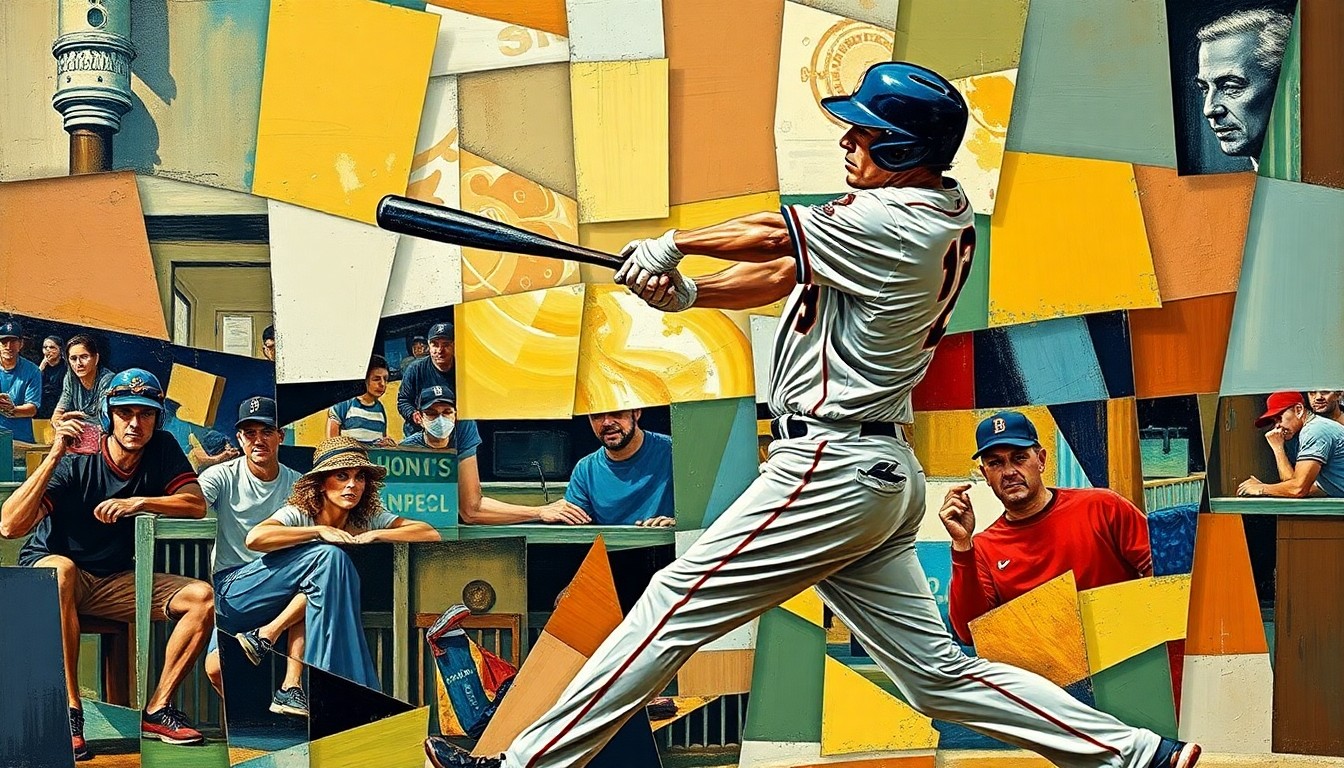 A cubist-style painting depicting a baseball player hitting a grand slam, with the action broken down into sharp, overlapping geometric shapes and planes in a vibrant color palette.