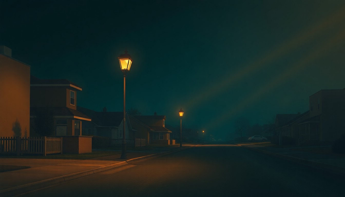 A serene oil painting depicting a lone street lamp post on a quiet suburban street, the warm light casting long shadows across the pavement, conceptually representing the transparency and community engagement sought by local leaders.