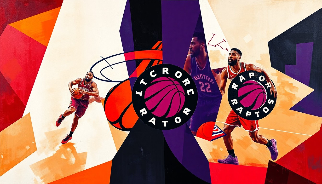 A fragmented, geometric painting depicting an NBA basketball game between the Miami Heat and Toronto Raptors, with the players' forms broken down into overlapping angular shapes in a palette of red, orange, purple and black.