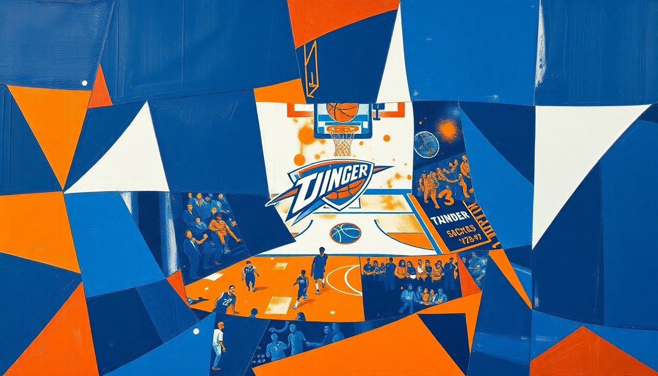 A cubist-style painting featuring sharp, overlapping geometric shapes in navy blue, orange, and white, conceptually representing the Thunder's dominant basketball gameplay.