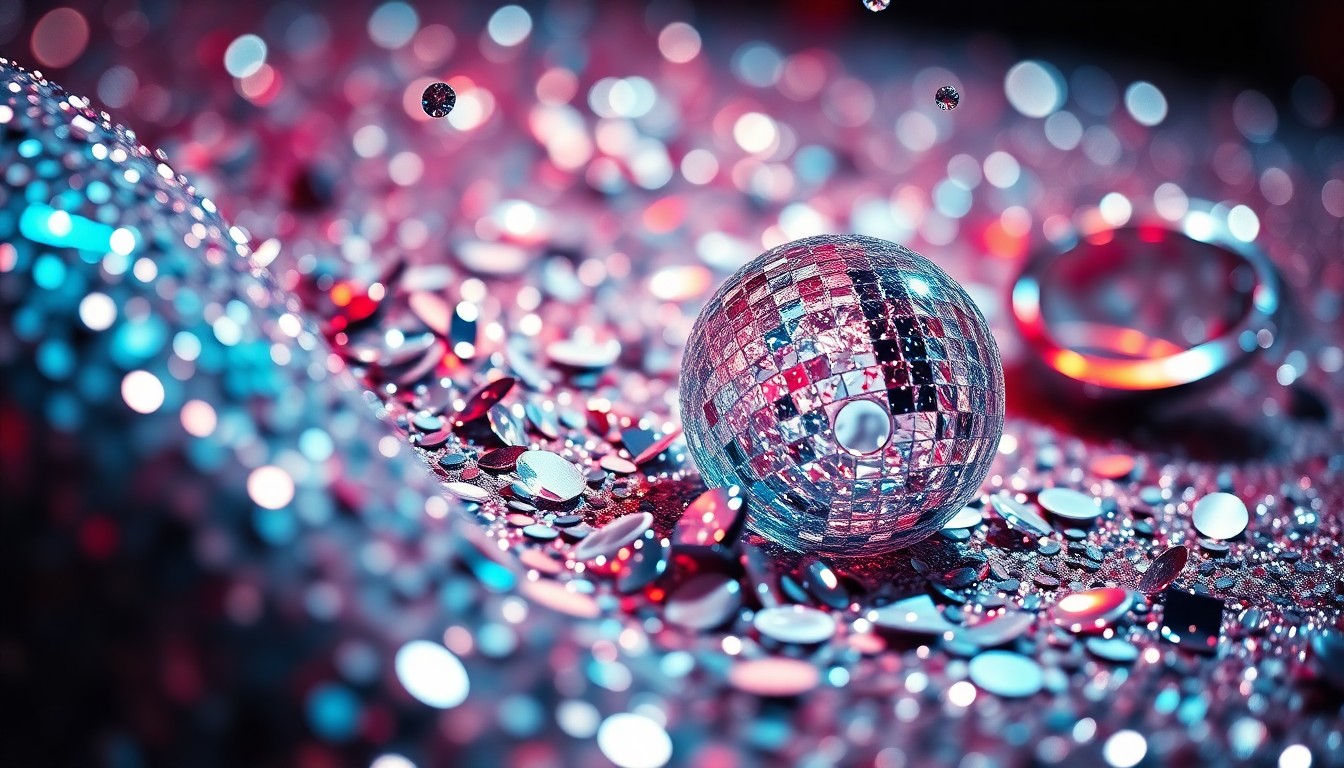 An extreme close-up of shimmering sequins and shattered glass reflecting dramatic studio lighting, conveying the luxurious, high-energy atmosphere of a major awards show.