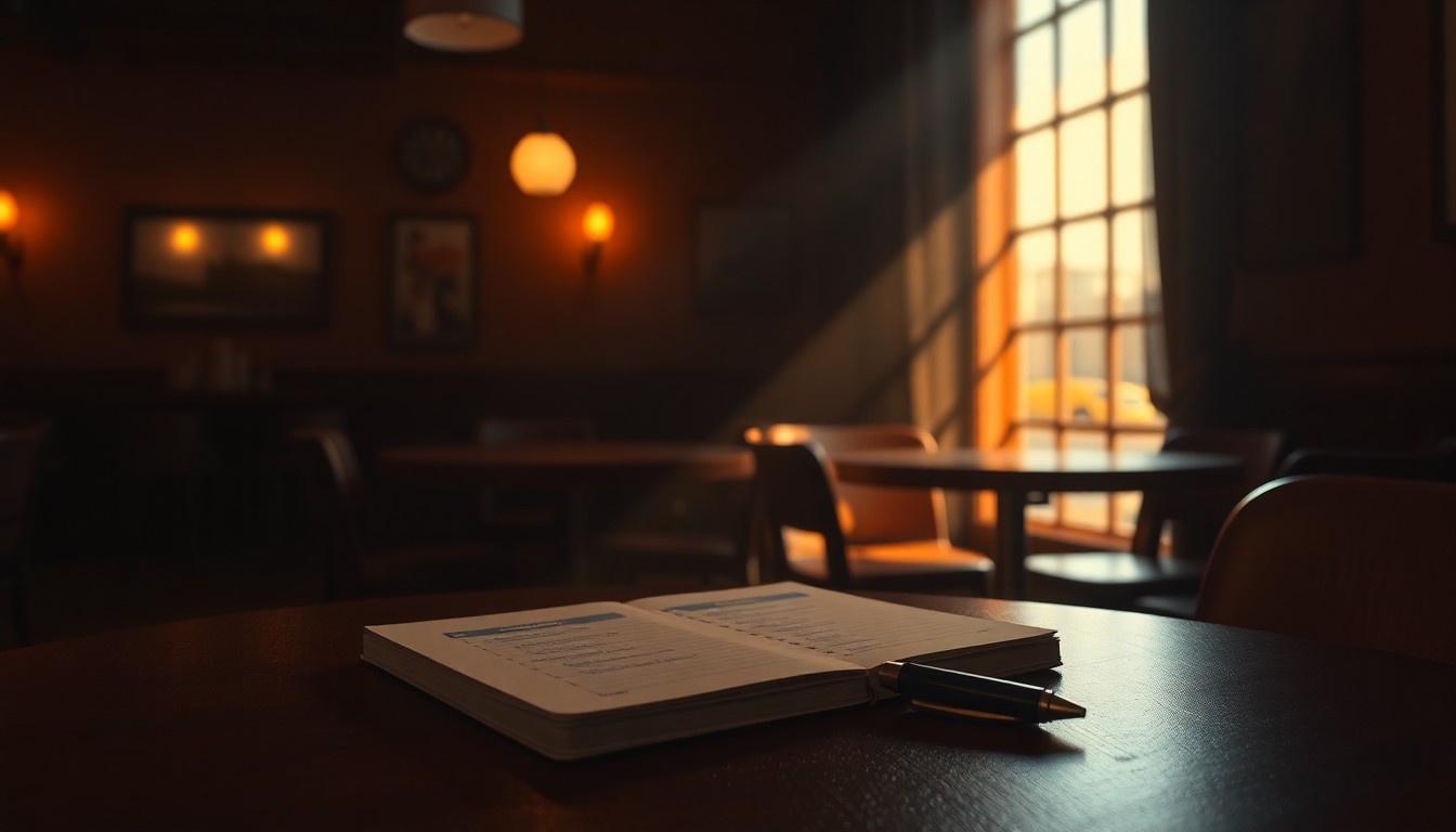 A moody, atmospheric painting depicting a journalist's notebook and pen on a table in a dimly lit cafe, with warm light and deep shadows creating a sense of solitude and contemplation.