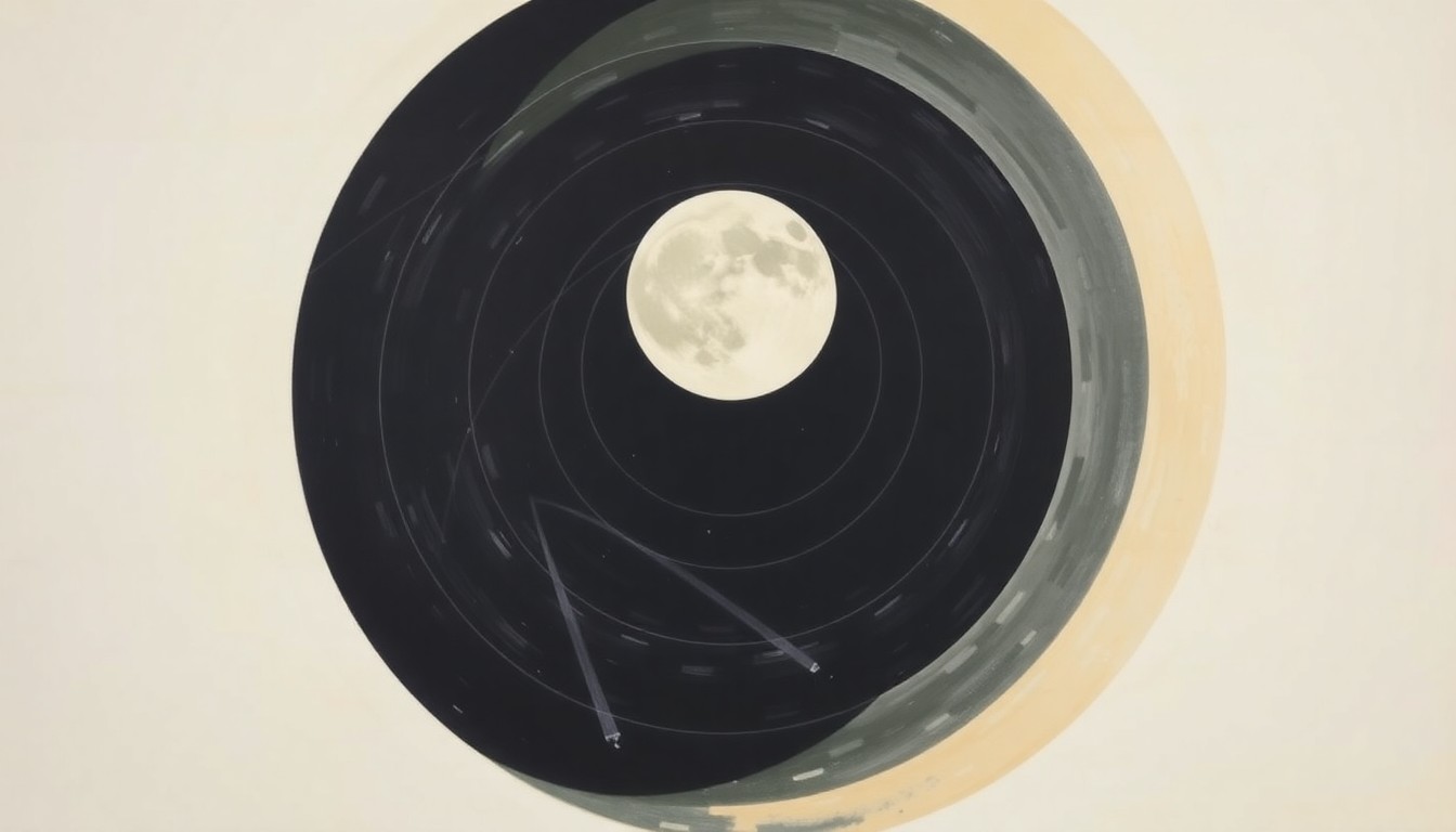 A bold, abstract painting in soft blues, greens, and grays depicting the Artemis II spacecraft's journey around the moon, with sweeping geometric arcs and concentric planetary circles representing the spacecraft's lunar orbit.