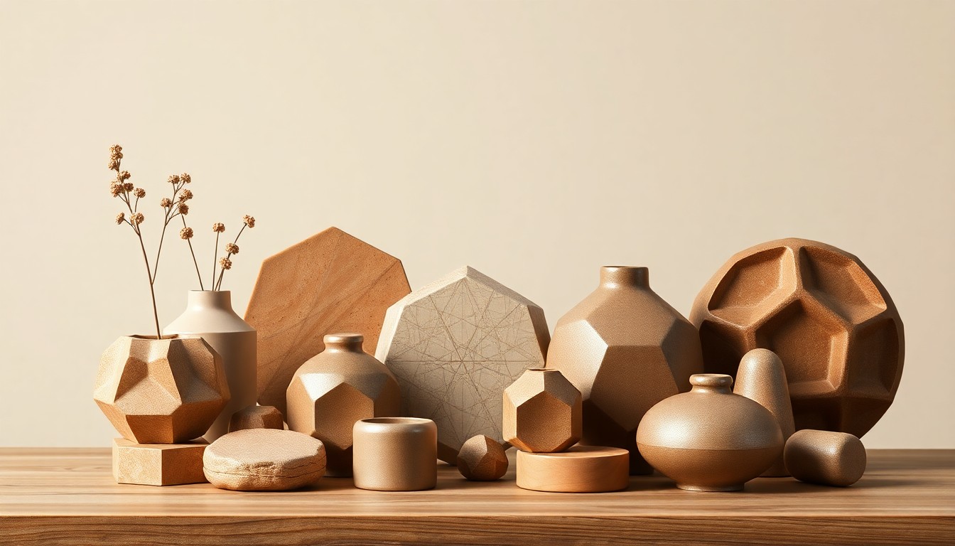 A carefully arranged studio still life featuring a variety of minimalist, geometric objects in muted earth tones, conceptually representing the diverse mix of new businesses opening in Victoria County.