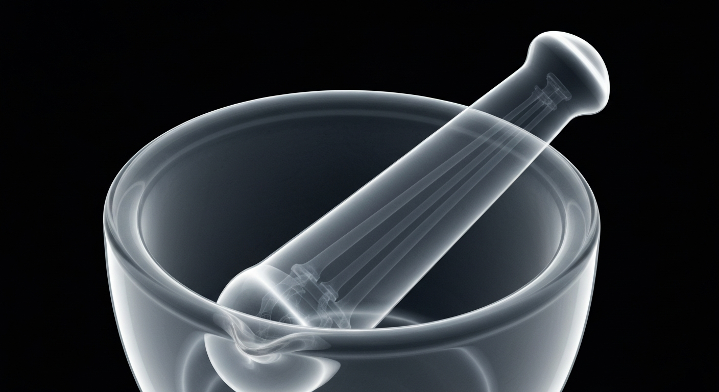 An extreme close-up X-ray photograph showing the detailed internal structure of a mortar and pestle, conceptually representing the pharmacist's role in compounding and preparing medications.