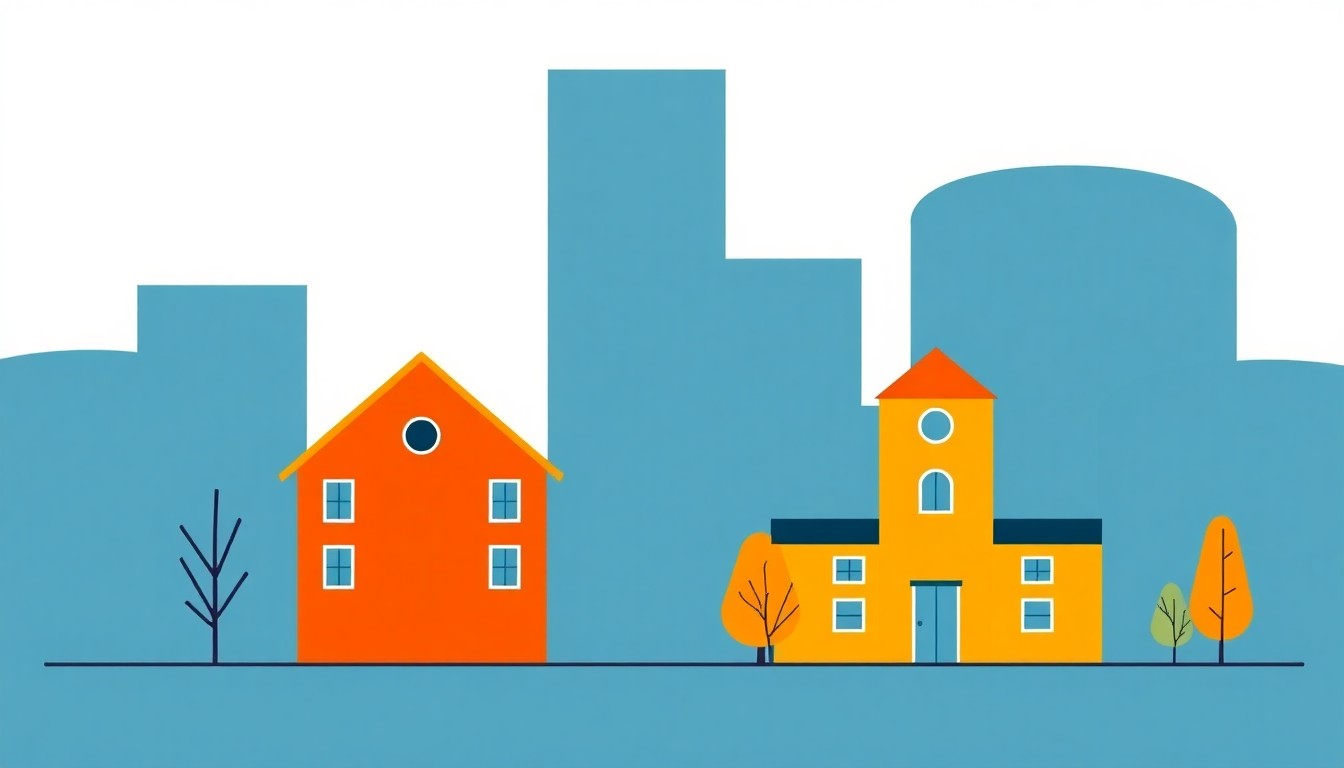 An abstract geometric illustration in primary colors of overlapping triangles and rectangles, conceptually representing the decrease in property taxes in two New Jersey towns.