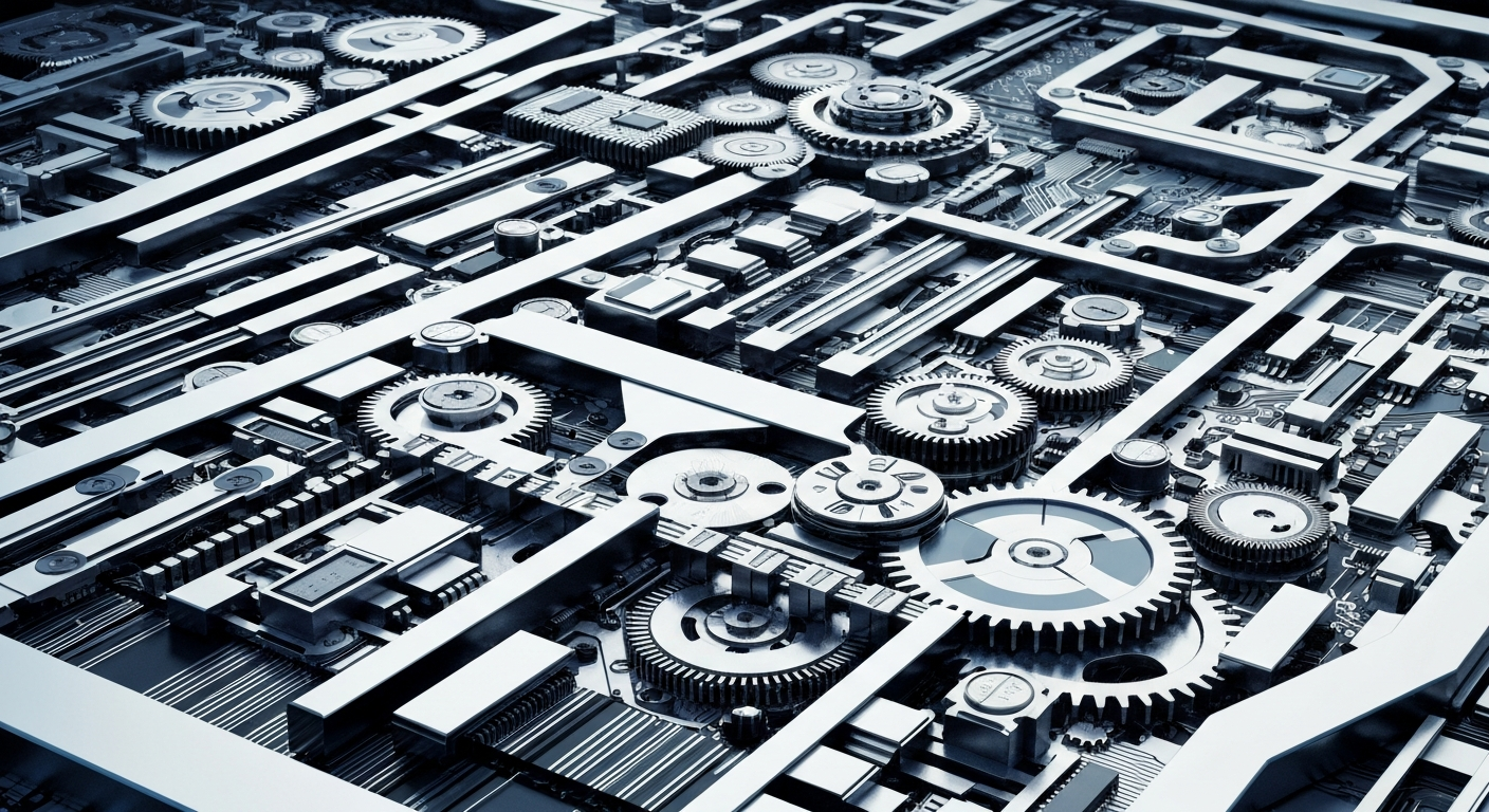 An extreme close-up of the inner workings of a financial data processing system, with intricate gears, circuits, and machinery in shades of silver, black, and blue, conceptually representing the complex infrastructure behind institutional investment decisions.
