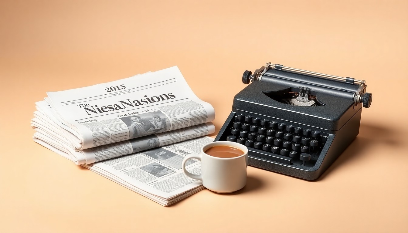 A minimalist studio still life featuring a stack of newspapers, a vintage typewriter, and a cup of coffee, symbolizing the dedication and craft of community journalism.