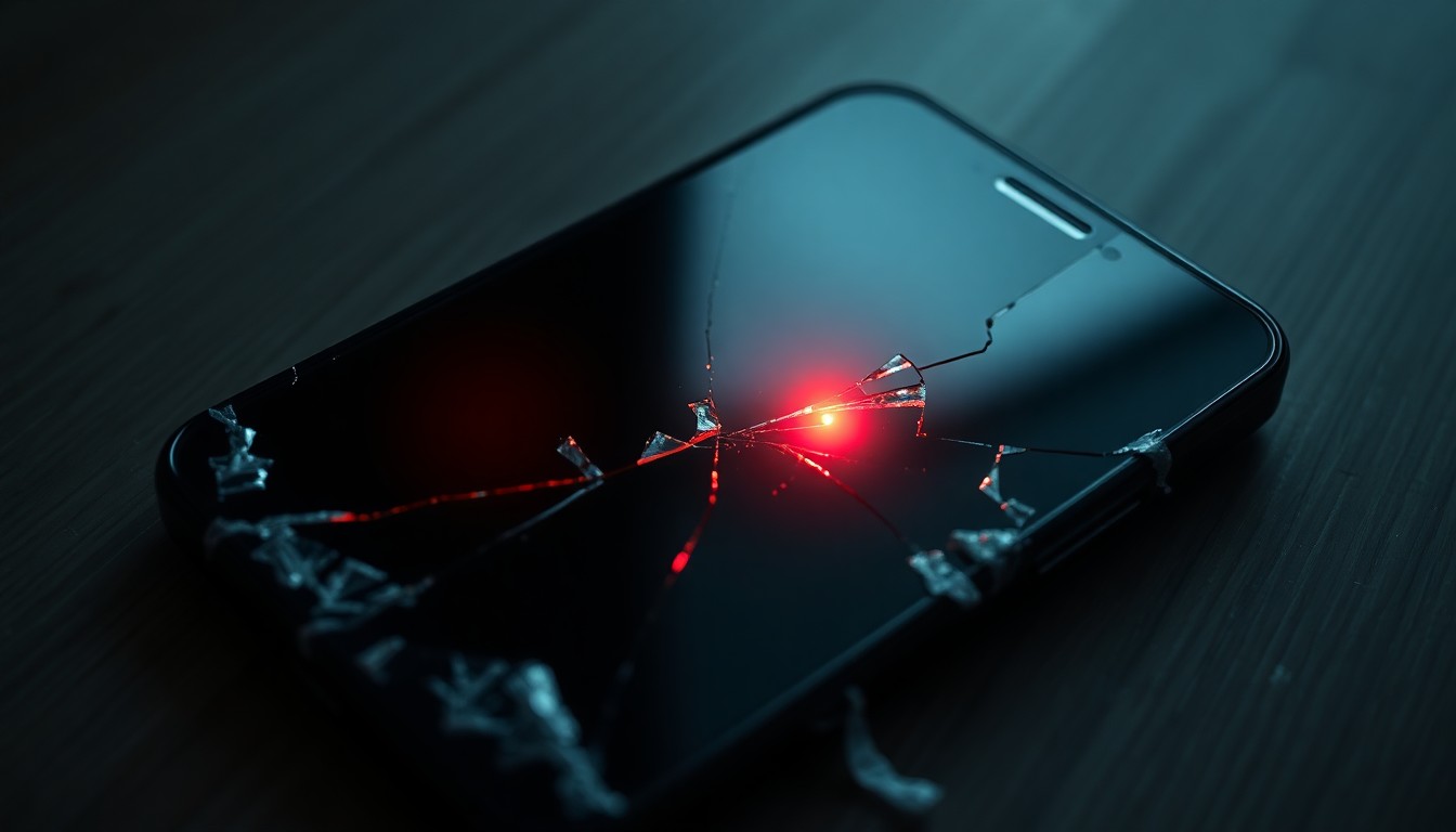 An extreme close-up photograph of a shattered smartphone screen reflecting a faint red light, conceptually illustrating the disturbing discovery of child sex abuse material.