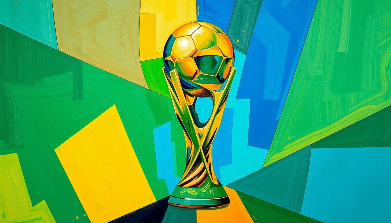 A fractured, geometric painting depicting the FIFA World Cup trophy broken down into overlapping planes of vibrant green, blue, and yellow, capturing the energy and anticipation of the trophy's visit to Oklahoma City.