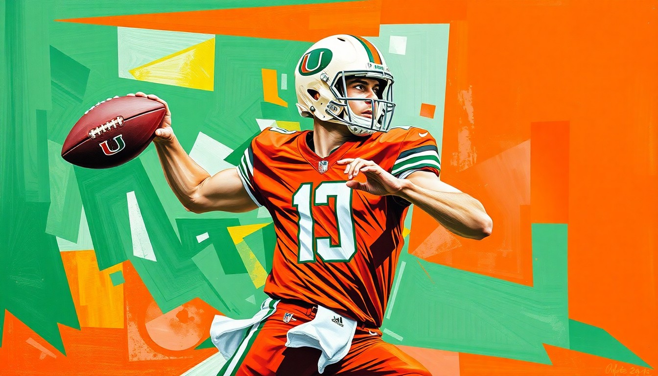A fractured, cubist-style painting depicting the throwing motion of a quarterback, with sharp geometric shapes in Miami's signature orange and green colors.