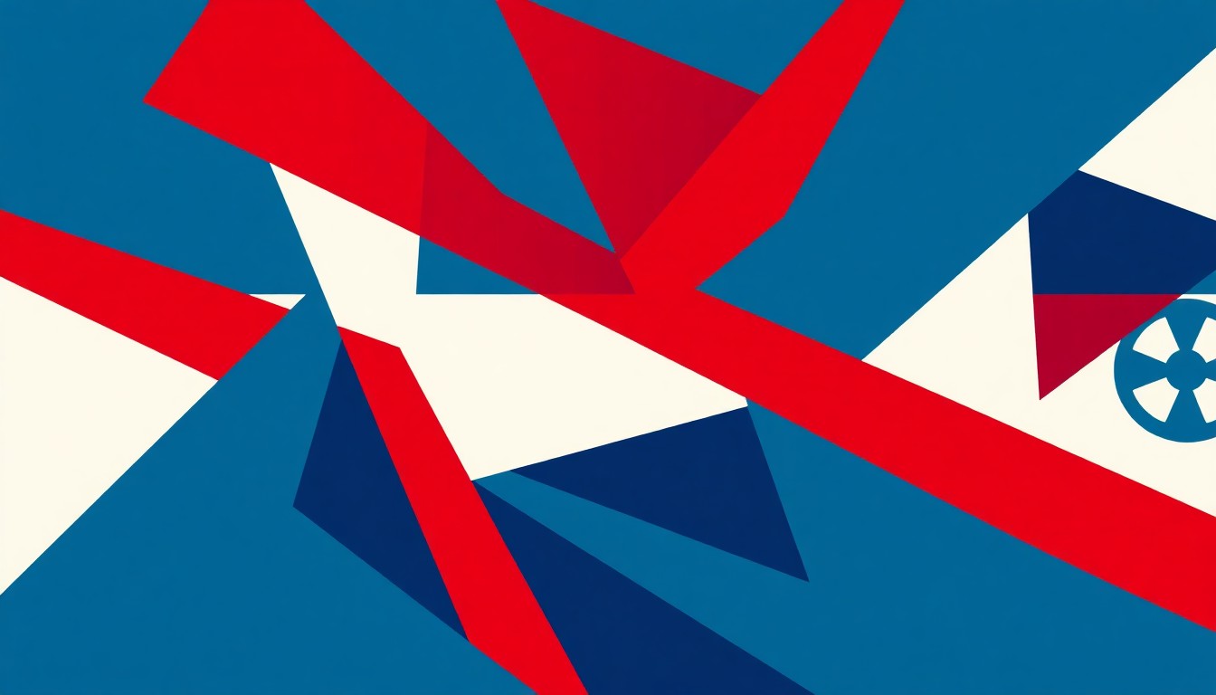 An abstract, minimalist illustration composed of bold, jagged geometric shapes in shades of blue, red, and white, representing the collaborative spirit and creative power of women in the entertainment industry.