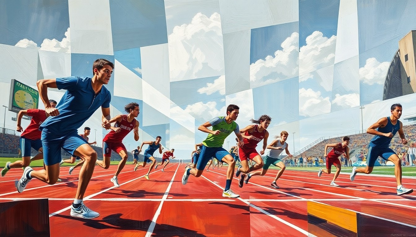 A fragmented, geometric painting depicting the dynamic action of a track and field competition, with overlapping planes of athletes in motion.