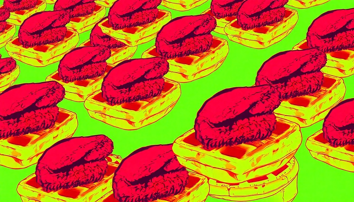 A bold, graphic illustration of a stack of waffles topped with fried chicken, rendered in a vibrant, high-contrast pop art style with overlapping neon colors and heavy black outlines, capturing the energy and creativity of the new Pitch & Pour supper club.