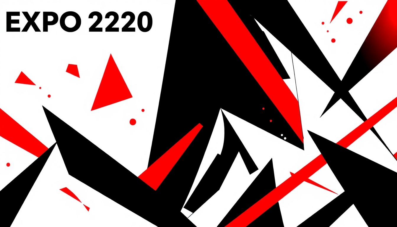 An abstract composition of striking black, white, and red geometric shapes, conveying the dynamic energy and creative spirit of the Expo Chicago art fair.