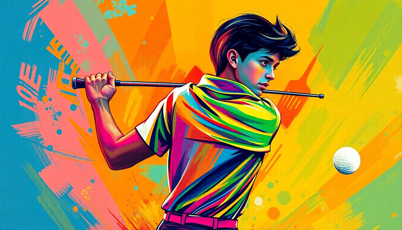 An abstract, vibrant painting in the style of LeRoy Neiman, with rapid brushstrokes and neon colors capturing the explosive energy of a young golfer swinging a club and the trajectory of a golf ball arcing through the air towards a distant green.