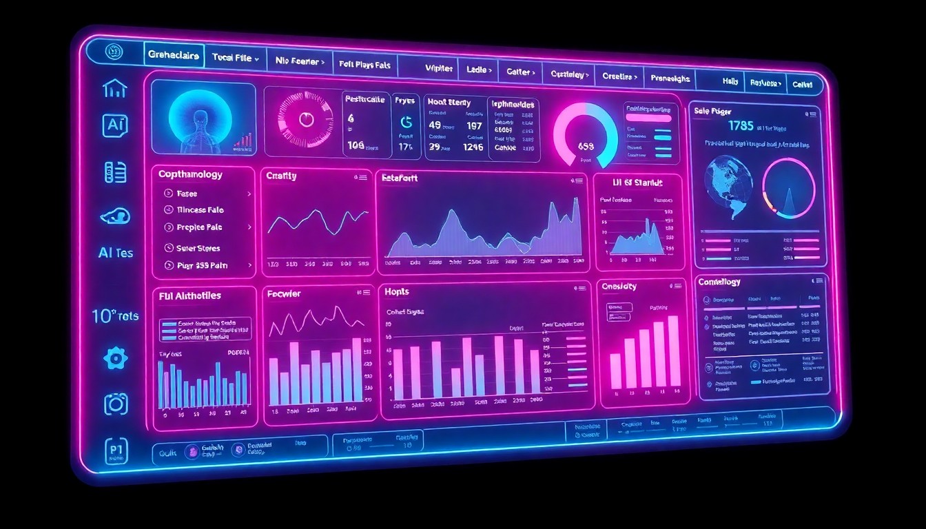 A highly detailed, glowing 3D illustration of an ophthalmology EHR dashboard interface, with neon cyan and magenta lights illuminating the various data visualizations and AI-powered features, conceptually representing the advanced technology powering Moyae's platform.